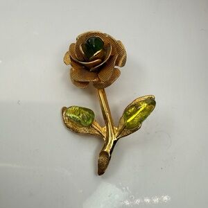 Vintage Gold Tone Rose Brooch Green Glass Bud & Leaves Mid Century